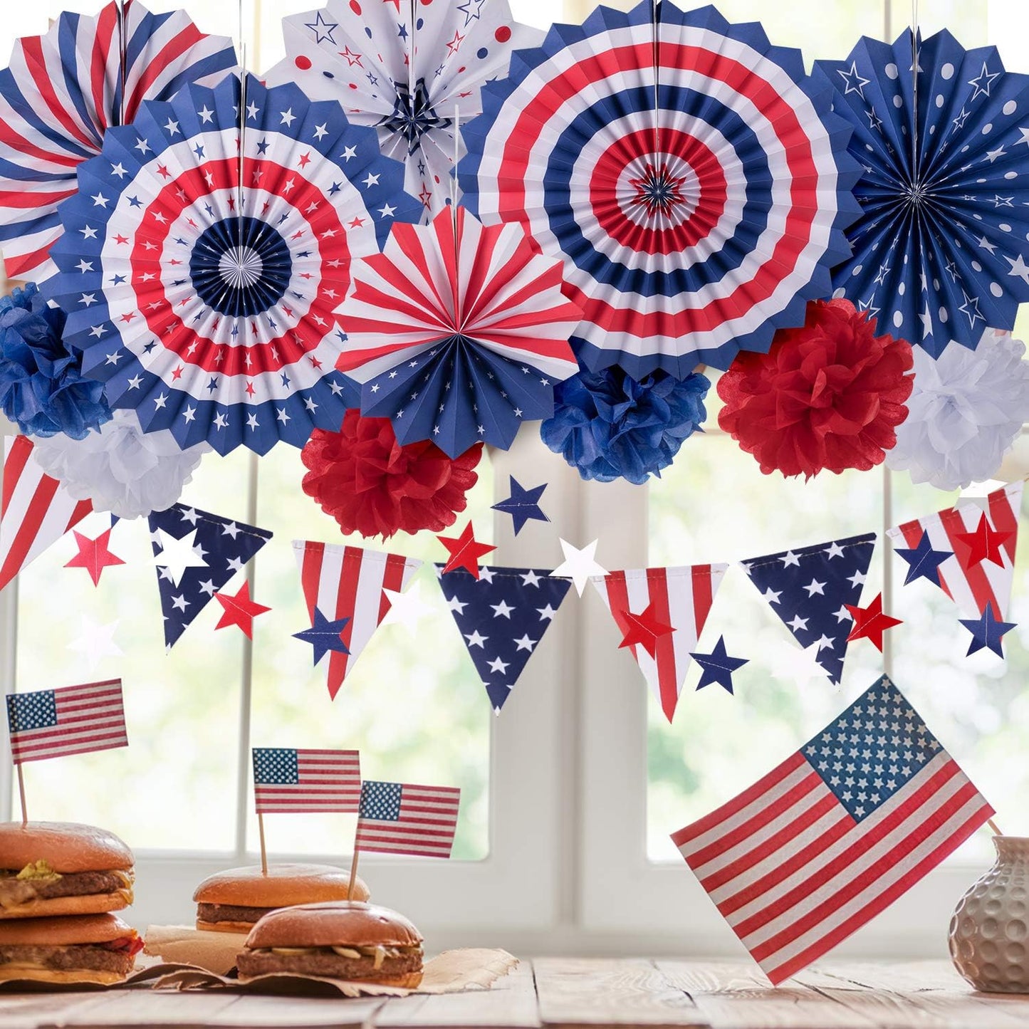 Whaline 4th of July Party Decorations Set - 14Pcs Patriotic Red, White & Blue USA Flag Banners & Pom Poms