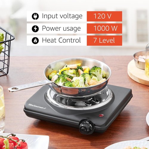 Elite Gourmet Electric Hot Plate - Single Coiled Burner with Temperature Control | Easy to Clean, Black