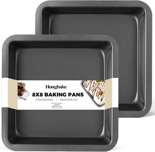 HONGBAKE Nonstick 8x8 Cake Baking Pan Set - Heavy Duty Square Brownie Pans with Wider Grips | 2 Pieces, Grey