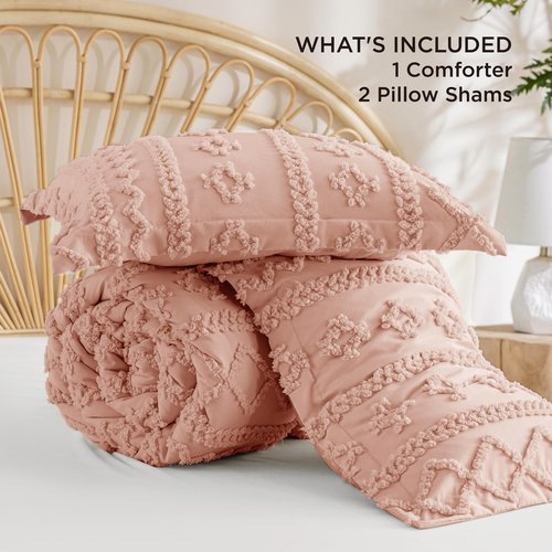 Bedsure Tufted Boho Comforter Set Queen Size - Pink Boho Bed Set, GentleSoft™ 3 Pieces Farmhouse Shabby Chic Embroidery Bedding, Gifts for Woman, Soft Jacquard Queen Comforter for All Seasons