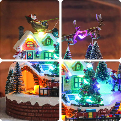 Vipush Christmas Village House Decorations - Resin Train Set with LED Lights & 8 Holiday Songs | Flying Santa Figurines
