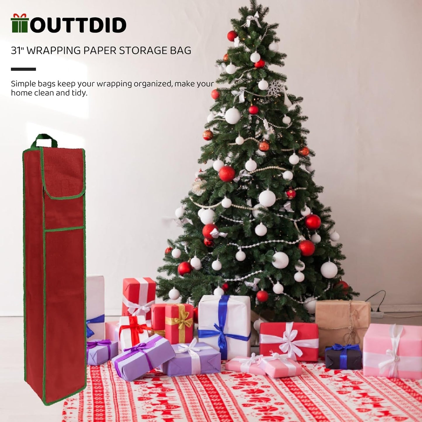 OUTTDID Wrapping Paper Storage Bag - 31" Gift Organizer with Pocket for 9 Standard Rolls - Red