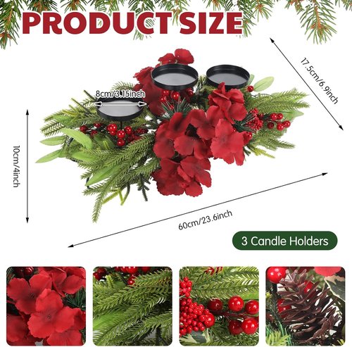 LemonRoad Christmas Table Centerpiece - 24 Inch Artificial Hydrangea Candelabrum with Candle Holders, Pine Needles & Berries