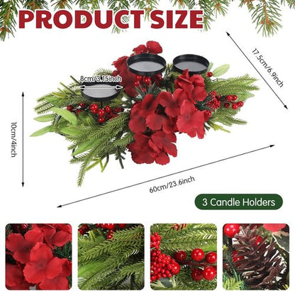 LemonRoad Christmas Table Centerpiece - 24 Inch Artificial Hydrangea Candelabrum with Candle Holders, Pine Needles & Berries