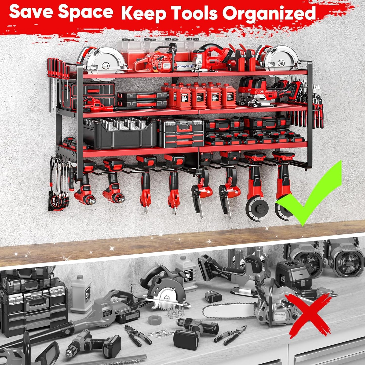 POKIPO Heavy-Duty Power Tool Organizer - Wall-Mounted 4-Layer Shelf for 400lbs Capacity | Includes 8 Drill Bit Holders