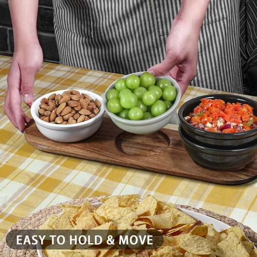 Artena Ceramic Chip and Dip Serving Set - 12 oz with Acacia Tray & 5-inch Grey Bowls for Appetizers
