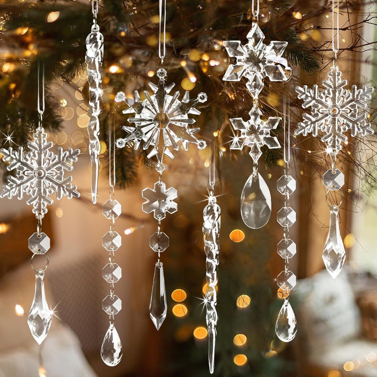 Skiennix 18pcs Crystal Christmas Ornaments - Hanging Acrylic Snowflake Icicle Decor for Winter Wonderland