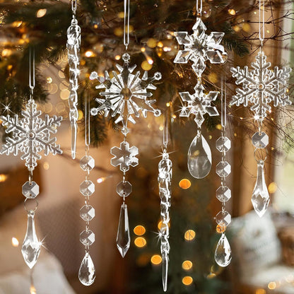 Skiennix 18pcs Crystal Christmas Ornaments - Hanging Acrylic Snowflake Icicle Decor for Winter Wonderland