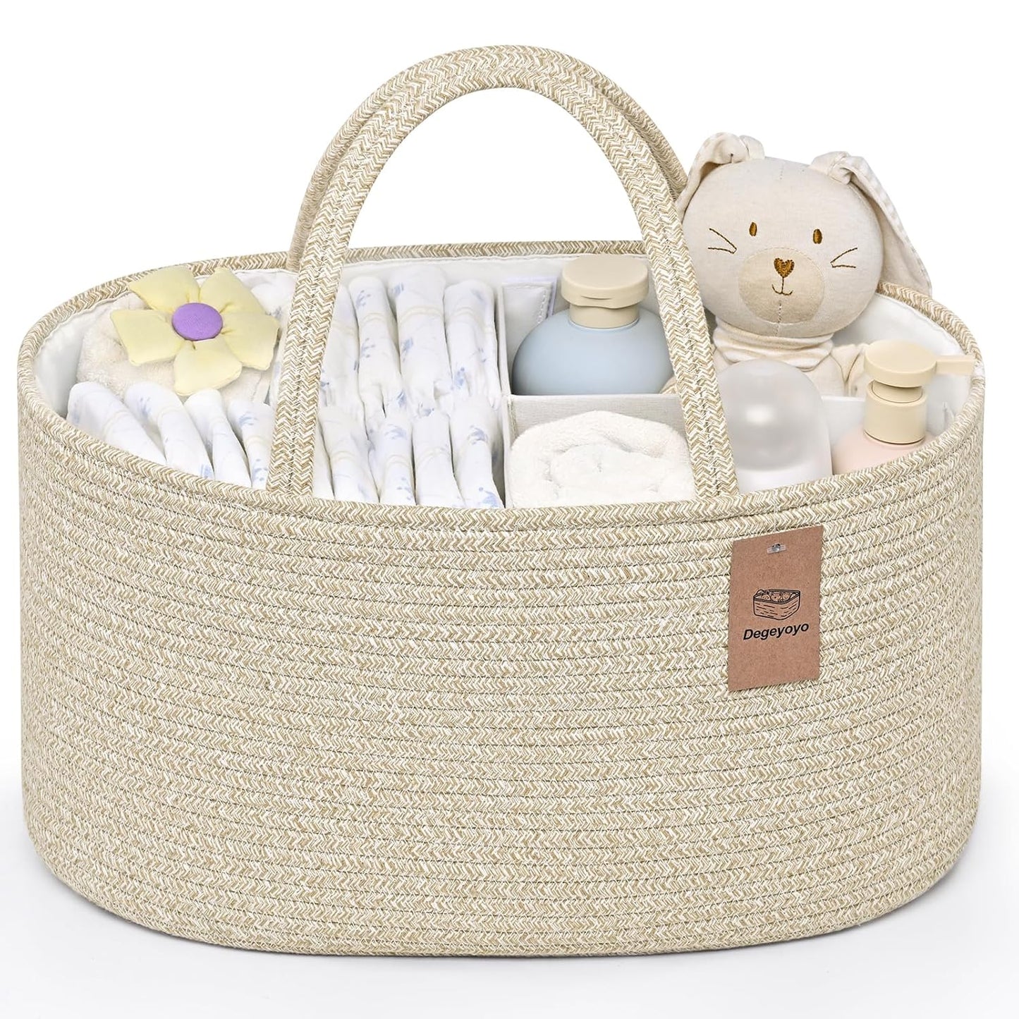 Skiennix 19L Baby Diaper Caddy Organizer - Cotton Rope Storage Basket with Removable Divider, Perfect for Nursery & Baby Showers