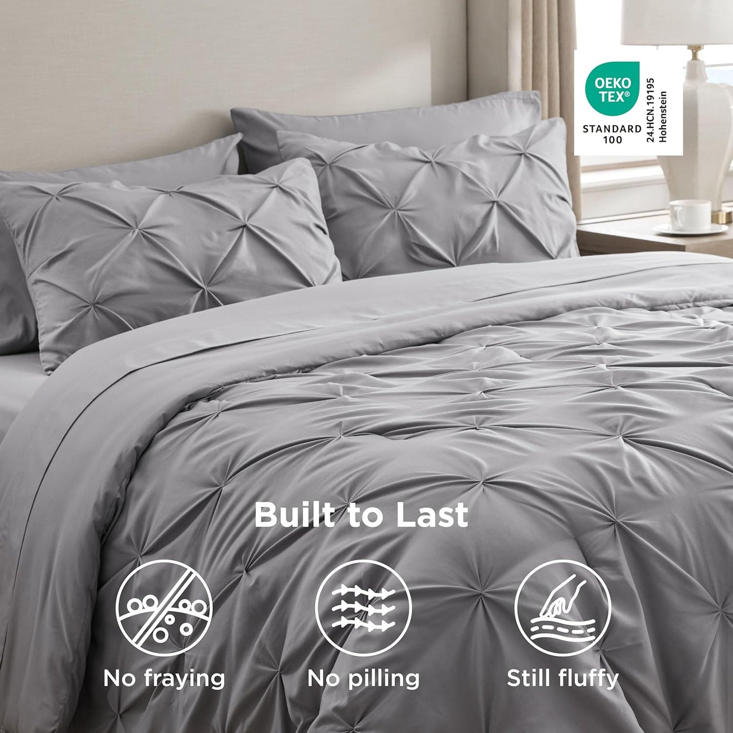 Bedsure Queen Comforter Set - Grey Pintuck Bed in a Bag | 7-Piece All-Season Bedding Set with Sheets & Pillowcases