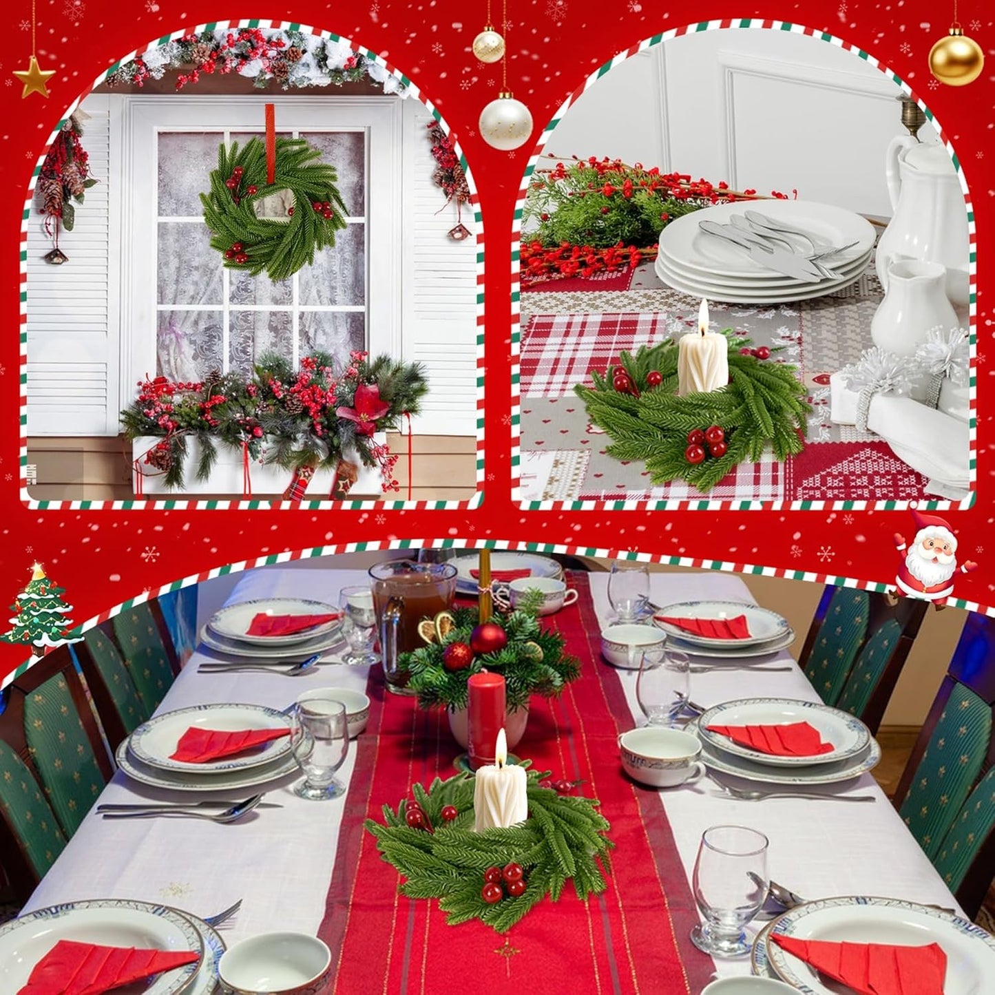 Norfolk Pine Christmas Candle Rings - 24 Pcs Artificial Wreaths with Red Berries for Holiday Decor