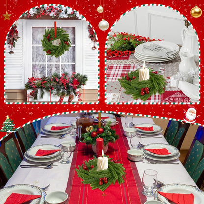 Norfolk Pine Christmas Candle Rings - 24 Pcs Artificial Wreaths with Red Berries for Holiday Decor