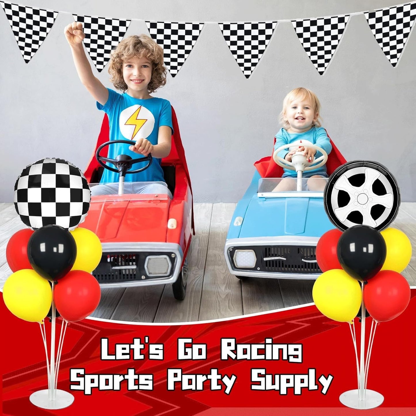 Race Car Party Balloons Kit - 2 Sets with Checkered Foil Balloons | Red, Black & Yellow Birthday Decor