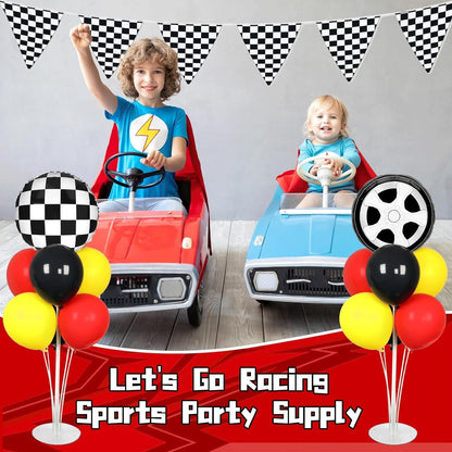 Race Car Party Balloons Kit - 2 Sets with Checkered Foil Balloons | Red, Black & Yellow Birthday Decor