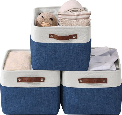 DECOMOMO Storage Baskets - Large Navy Blue & White Fabric Organizers for Shelves | 3 Pack