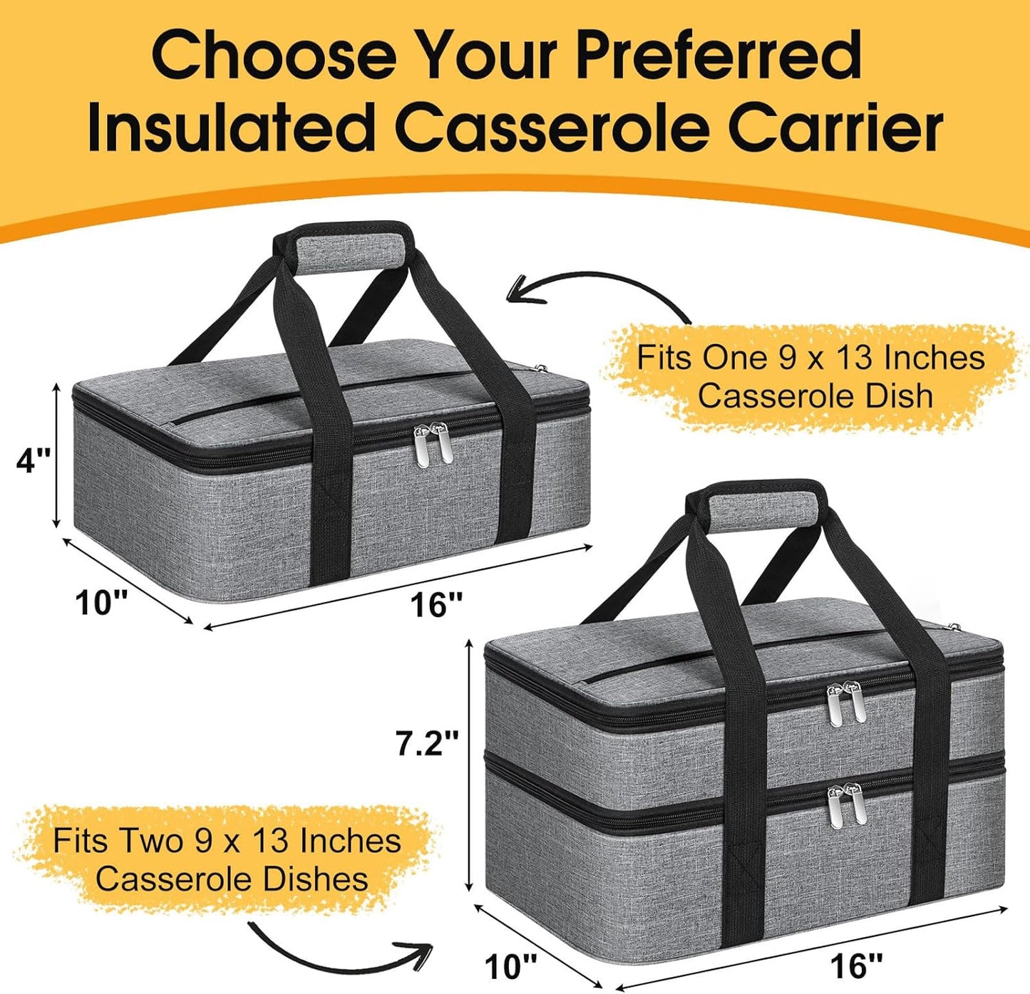 Skiennix Double Insulated Casserole Carrier - Portable Hot & Cold Food Tote Bag | Fits 9" x 13" Dish - Grey