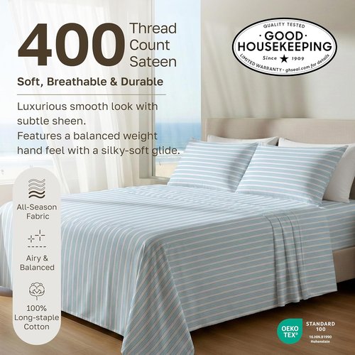 California Design Den Twin Size 100% Cotton Sheets Set - 400 Thread Count, Award-Winning Sateen Finish, Cape Stripe Blue