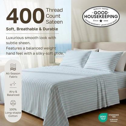 California Design Den 100% Cotton Full Size Sheet Set - Award-Winning 400 TC, Smooth Sateen Finish, Deep Pockets - Cape Stripe Blue