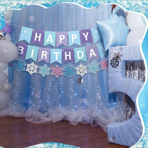 Fanfanwin Snowflake Birthday Banner Set - 5 Pcs Blue Snowflake Design with Felt Castle Decorations