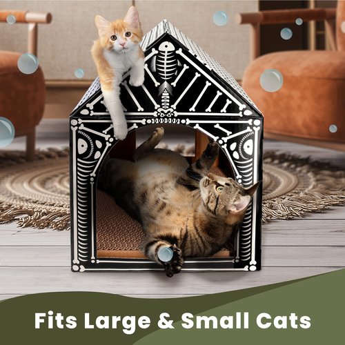 LiBa Cardboard Cat House with Scratch Pad and Catnip, Cat Bed for Indoor Cats, Cat Scratcher, Halloween Decorations Halloween Cat Toys Gifts for Cats Fish Bone