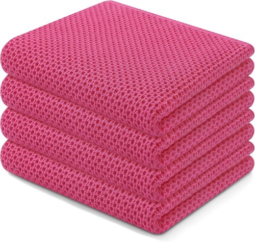 Homaxy 100% Cotton Waffle Weave Dish Towels - Ultra Soft & Absorbent | 13 x 28 Inches, 4-Pack, Hot Pink