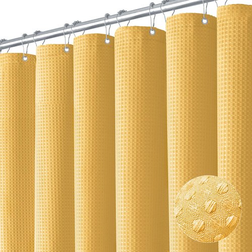 Dynamene Extra Long Shower Curtain - 96 Inch Long Waffle Weave Weighted Thick Cloth Bathroom Shower Curtain, Neutral Heavy Duty Hotel Bath Curtain Set with 12 Plastic Hooks,72x96, Gold