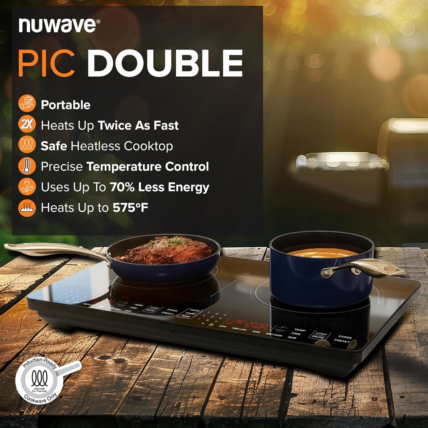 Nuwave Double Pro Cooktop - Portable Induction Burner with Dynamic Watt Technology | 900-1800W, 8” Coil