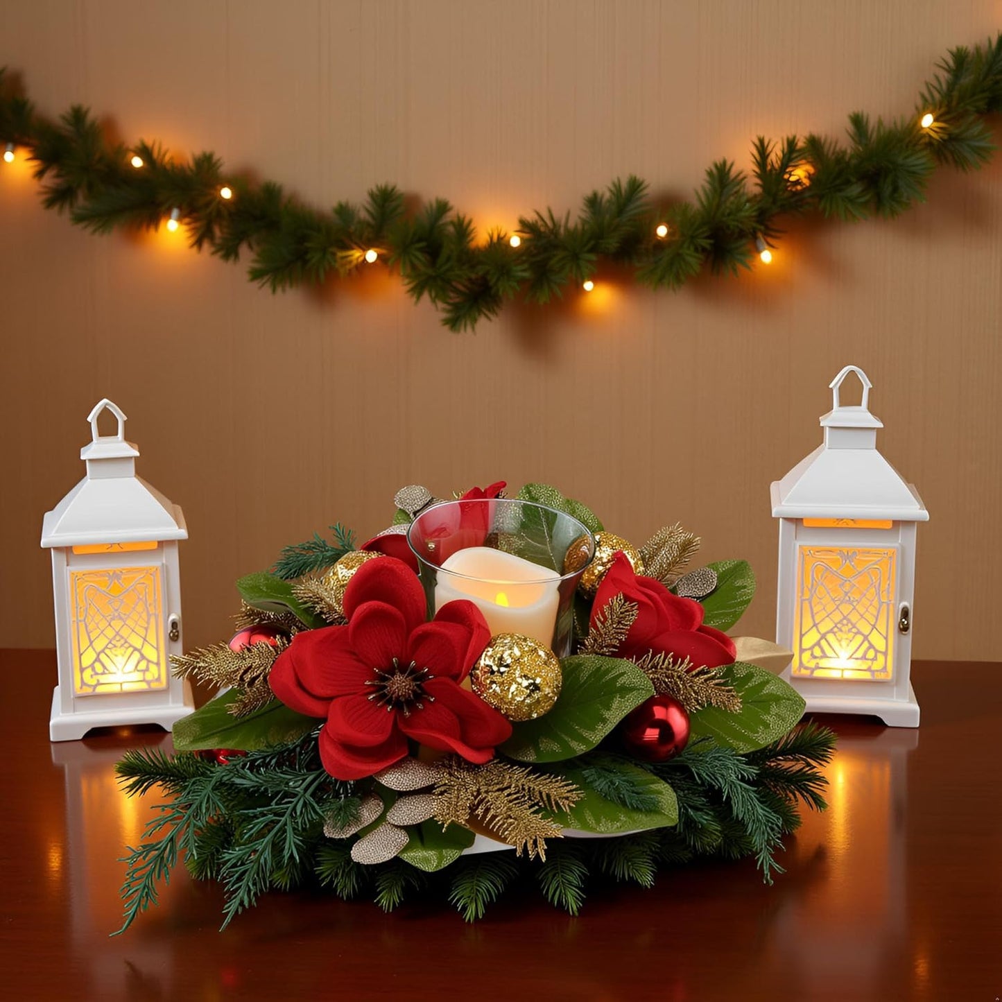 Regine Switzerland 18" Centerpiece - Flameless LED Candle Holder with Red Magnolia & Gold Baubles