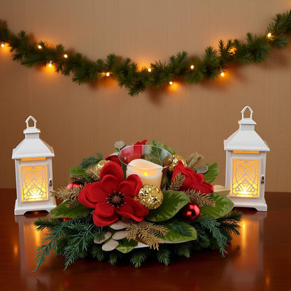 Regine Switzerland 18" Centerpiece - Flameless LED Candle Holder with Red Magnolia & Gold Baubles