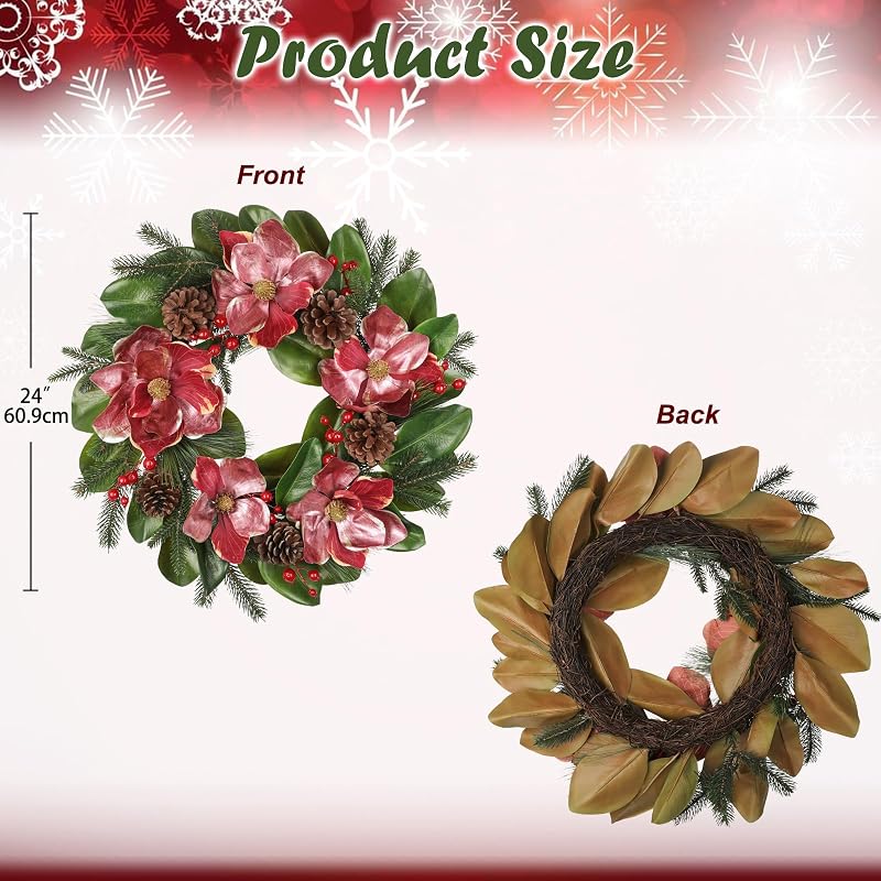 24in Christmas Magnolia Wreath with Pine Cones & Berries - Front Door Decor (Variation: 24in Wreath)