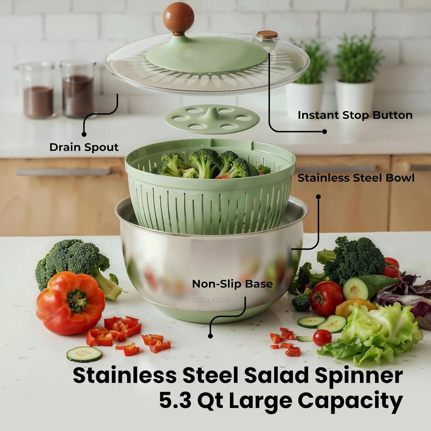Stainless Steel Salad Spinner - Large 5.3 Quart Lettuce Dryer & Fruit Cleaner with Strainer