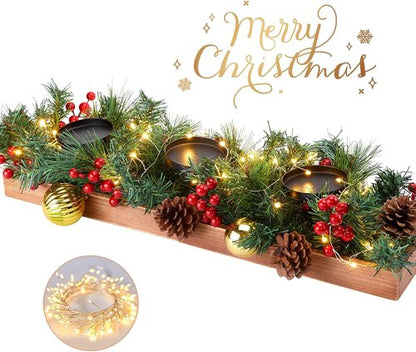 Brightown Foldable Wooden Box - 23.6" Christmas Decor with Fairy Lights, Pine Cones & Ornaments