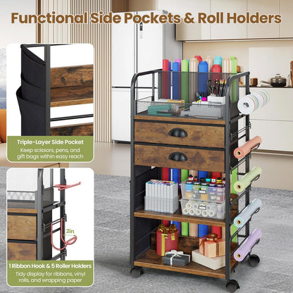 Wrapping Paper Storage Cart - Regine Switzerland Organizer with 2 Fabric Drawers & Lockable Wheels