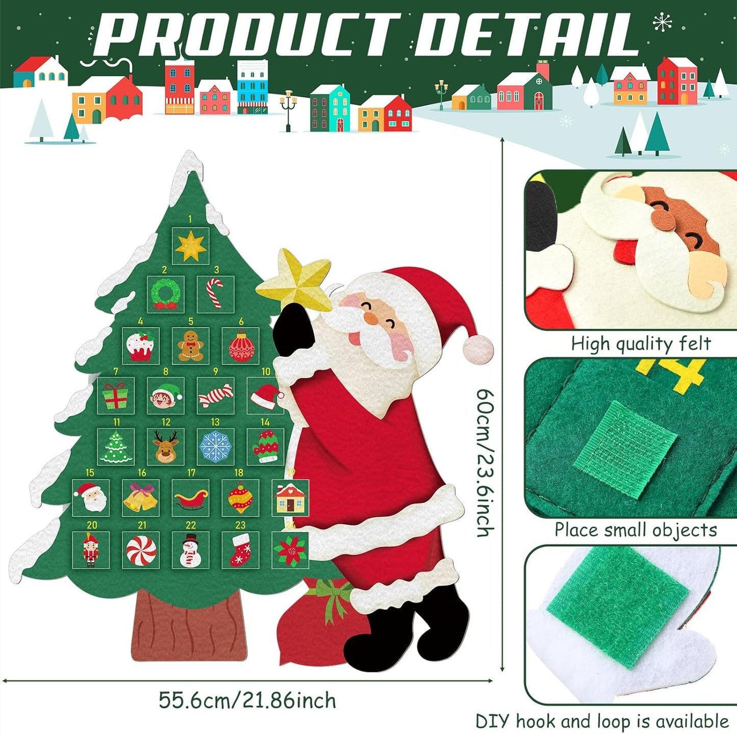 Watersay Christmas Tree Advent Calendar - Felt Countdown Calendar with 24 Pockets for Kids | Reusable Wall Hanging Decorations