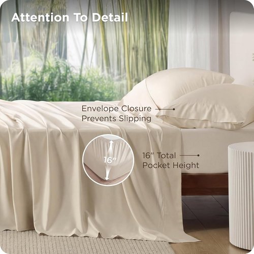 Bedsure Queen Sheet Set, Rayon Derived from Bamboo, Cooling Sheets, PureWoven, Breathable & Soft, Deep Pocket Up to 16", Hotel Luxury Silky Bedding for Hot Sleepers, Light Beige