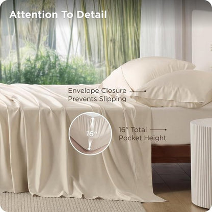 Bedsure Queen Sheet Set, Rayon Derived from Bamboo, Cooling Sheets, PureWoven, Breathable & Soft, Deep Pocket Up to 16", Hotel Luxury Silky Bedding for Hot Sleepers, Light Beige