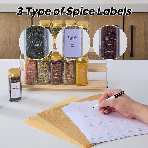 Fiwence 48 Pcs Glass Spice Jars with 576 Labels, 4oz Empty Square Spice Containers,Seasoning Bottles with Gold Metal Caps - Shaker Lids, Funnel and Chalk Pen Included