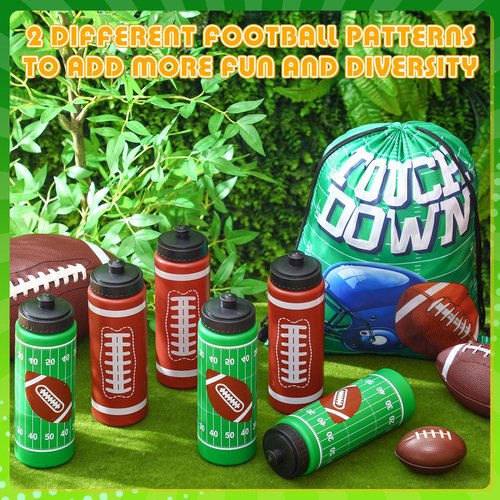 Funnymoom 24 Pcs Football Water Bottle Football Drawstring Bag Set with 50 Sticker Football Party Favors 12 Reusable Sports Squeeze Water Bottle 20oz 12 Football Goodie Gift Bag for Football Team Gift
