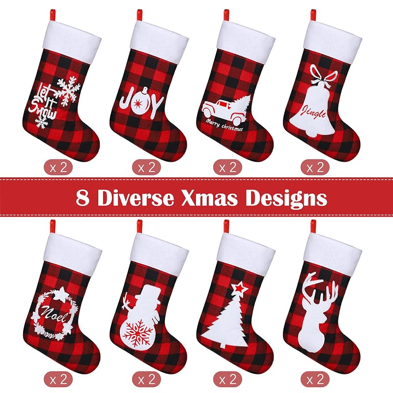 16 Pack Felt Christmas Stockings 18in Red Black Buffalo Plaid with Reindeer Scenes - Holiday Fireplace Decor