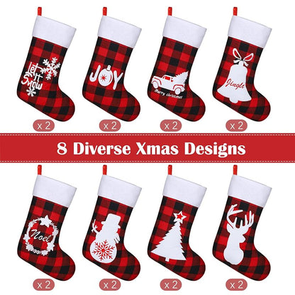 16 Pack Felt Christmas Stockings 18in Red Black Buffalo Plaid with Reindeer Scenes - Holiday Fireplace Decor