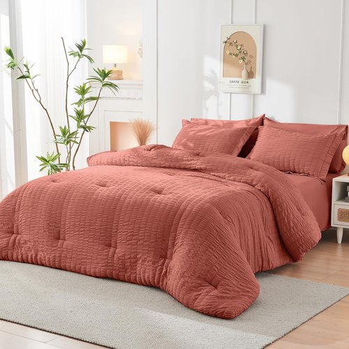 HYMOKEGE Coral Twin XL Comforter Set Seersucker 5 Pieces, All Season Luxury Bed in a Bag for Bedroom, Bedding Set with Comforter, Sheets, Pillowcase & Sham