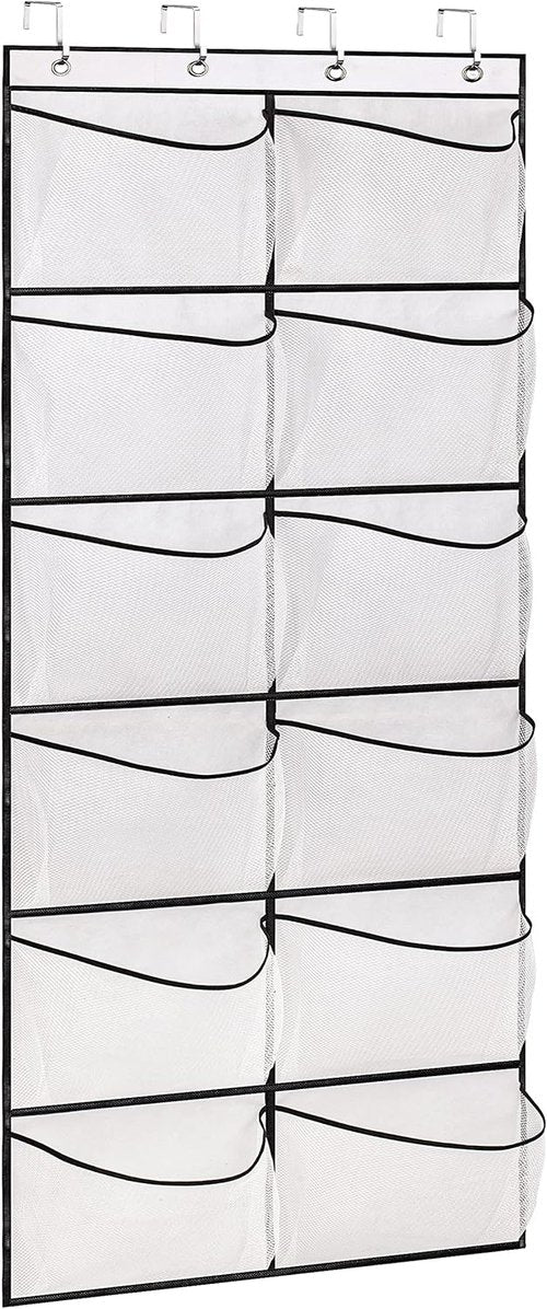 KIMBORA Over The Door Shoe Organizer - 12 Large Mesh Pockets for Boots | White Hanging Storage Rack