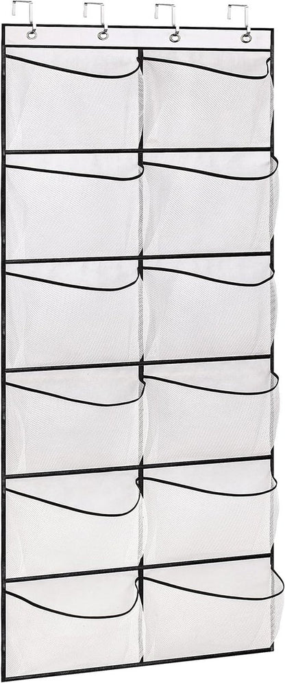 KIMBORA Over The Door Shoe Organizer - 12 Large Mesh Pockets for Boots | White Hanging Storage Rack