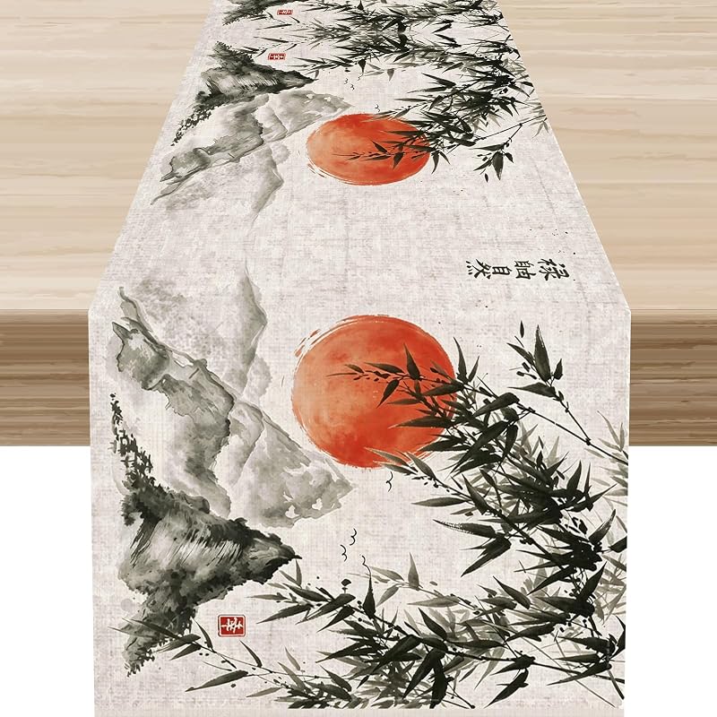 Japanese 4+ 13" x 72" Table Runner - Chinoiserie Red Sun Mountain Bamboo Decor