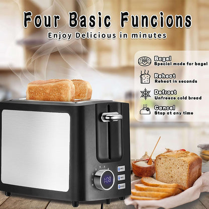 Skiennix 2-Slice Wide Slot Toaster - Smart LCD Digital Countdown Timer | Bagel, Defrost, Reheat Functions