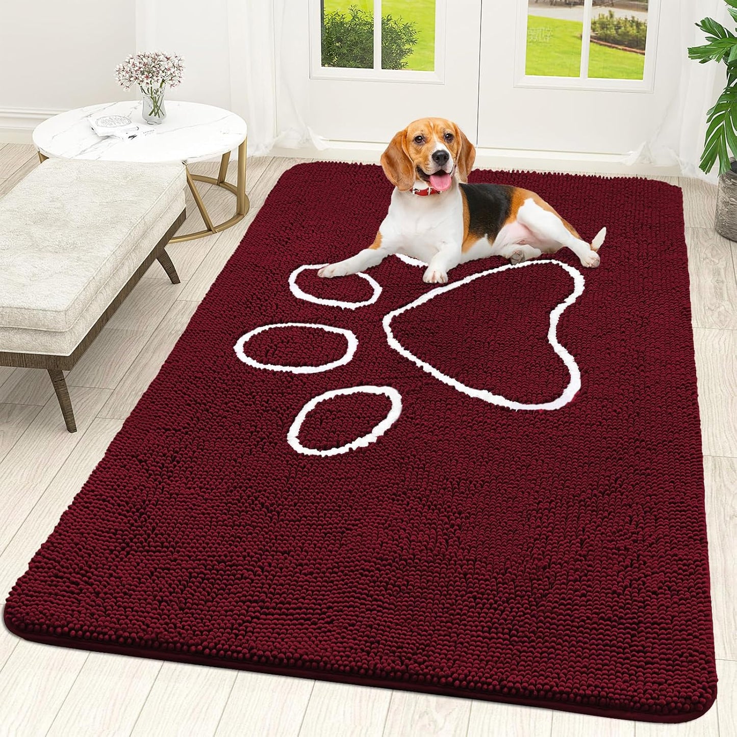 OLANLY Dog Door Mat - Absorbent Non-Slip Muddy Paws Design | Quick-Dry Chenille 70x46, Burgundy
