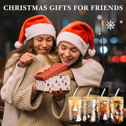 Umigy 8 Pack 16 oz Glass Cups with Lids & Straws - Christmas Themed Tumbler Set
