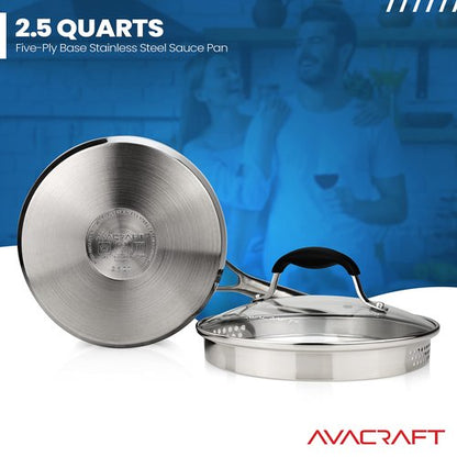 AVACRAFT Stainless Steel Saucepan with Glass Strainer Lid, Two Side Spouts for Easy Pour with Ergonomic Handle, Multipurpose Sauce Pot (5-Ply Capsule Bottom, 2.5 Quart)