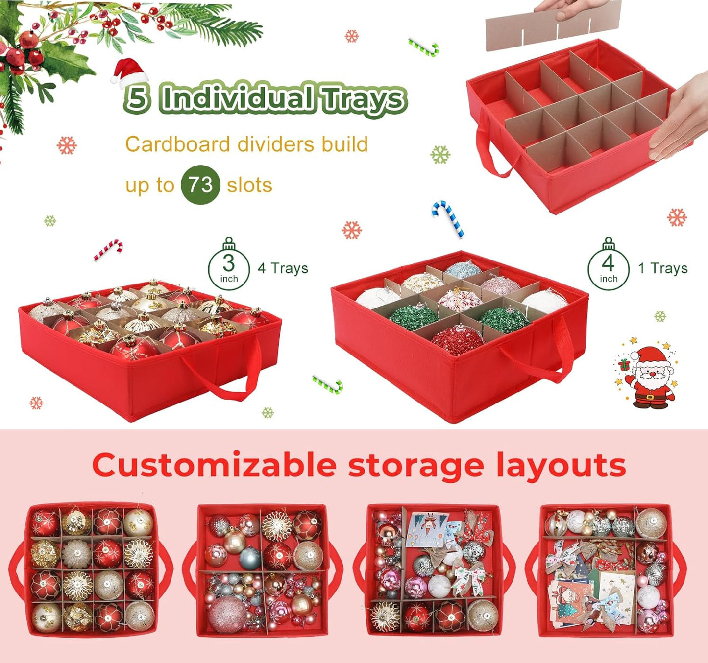 Skiennix Premium 2-in-1 Christmas Ornament Storage Box - Holds 73 Ornaments, Adjustable Dividers, Foldable Design