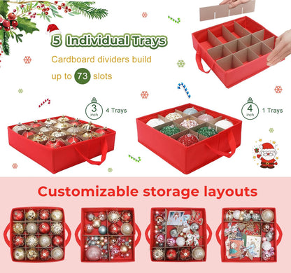 Skiennix Premium 2-in-1 Christmas Ornament Storage Box - Holds 73 Ornaments, Adjustable Dividers, Foldable Design